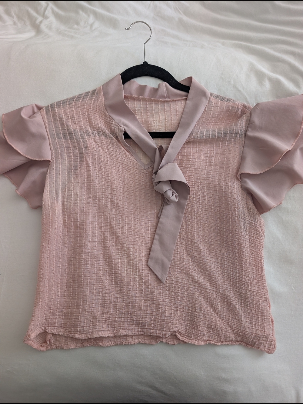 Pink Tie-Neck Ruffle Sleeve Top